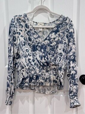 Japna Blue Floral Wrap Smocked Blouse